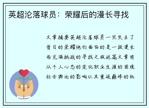 英超沦落球员：荣耀后的漫长寻找